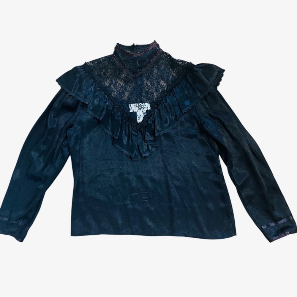 Vintage Gunne Sax Black Ruffled Bib Collar Blouse